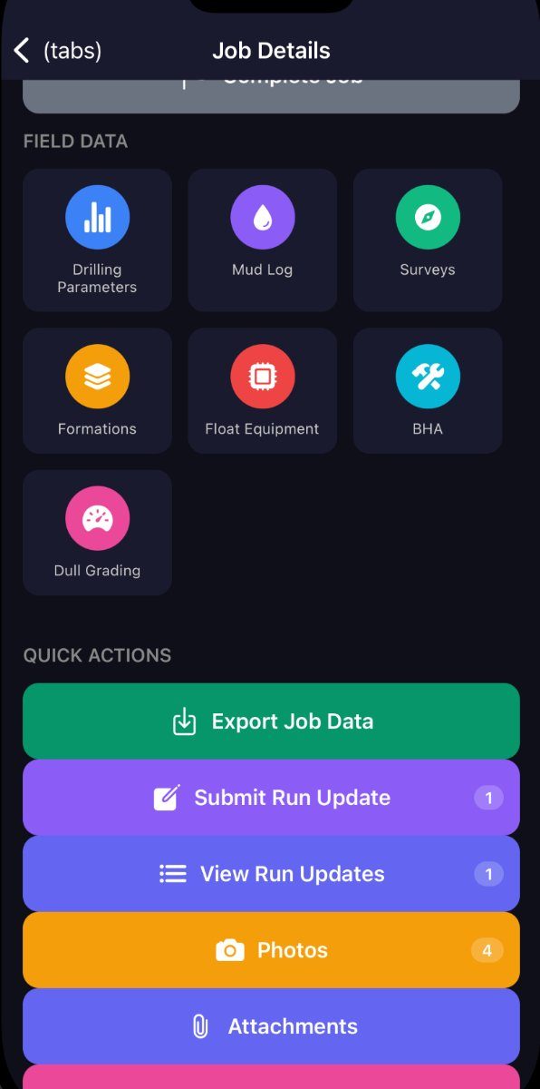 The iOS field engineering app showing job details and drilling parameters