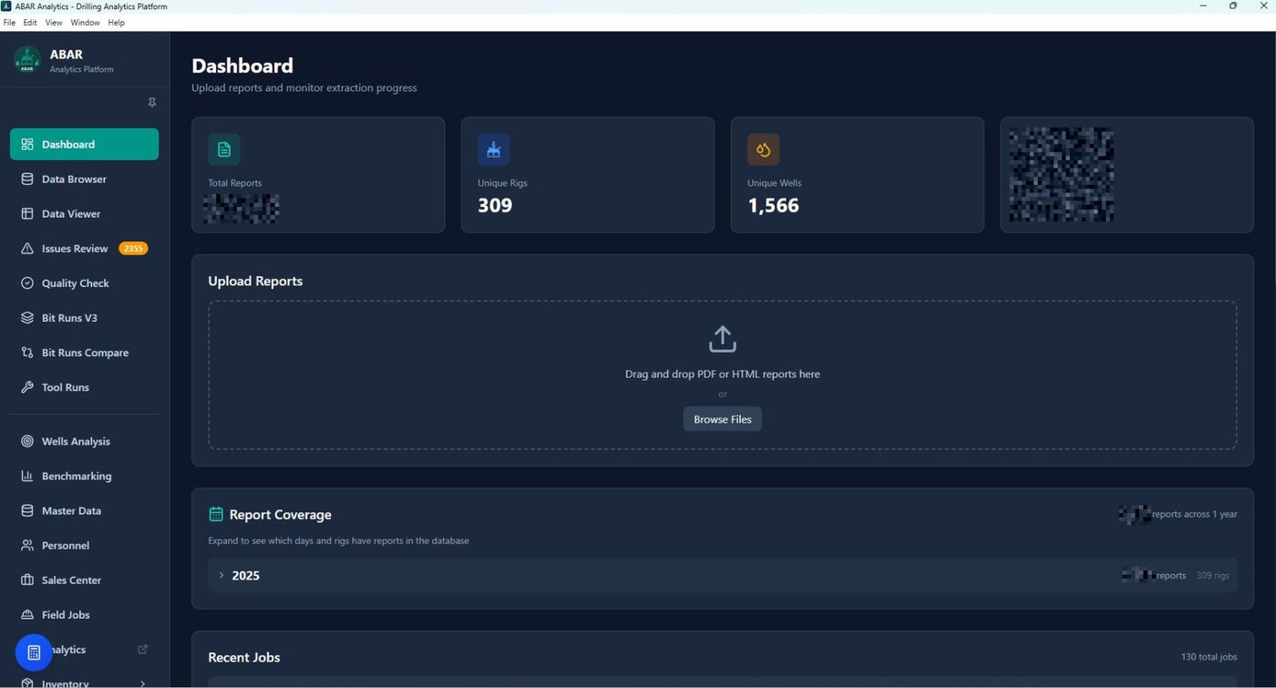 The dashboard, with reports being dropped in for extraction and coverage shown by rig and day
