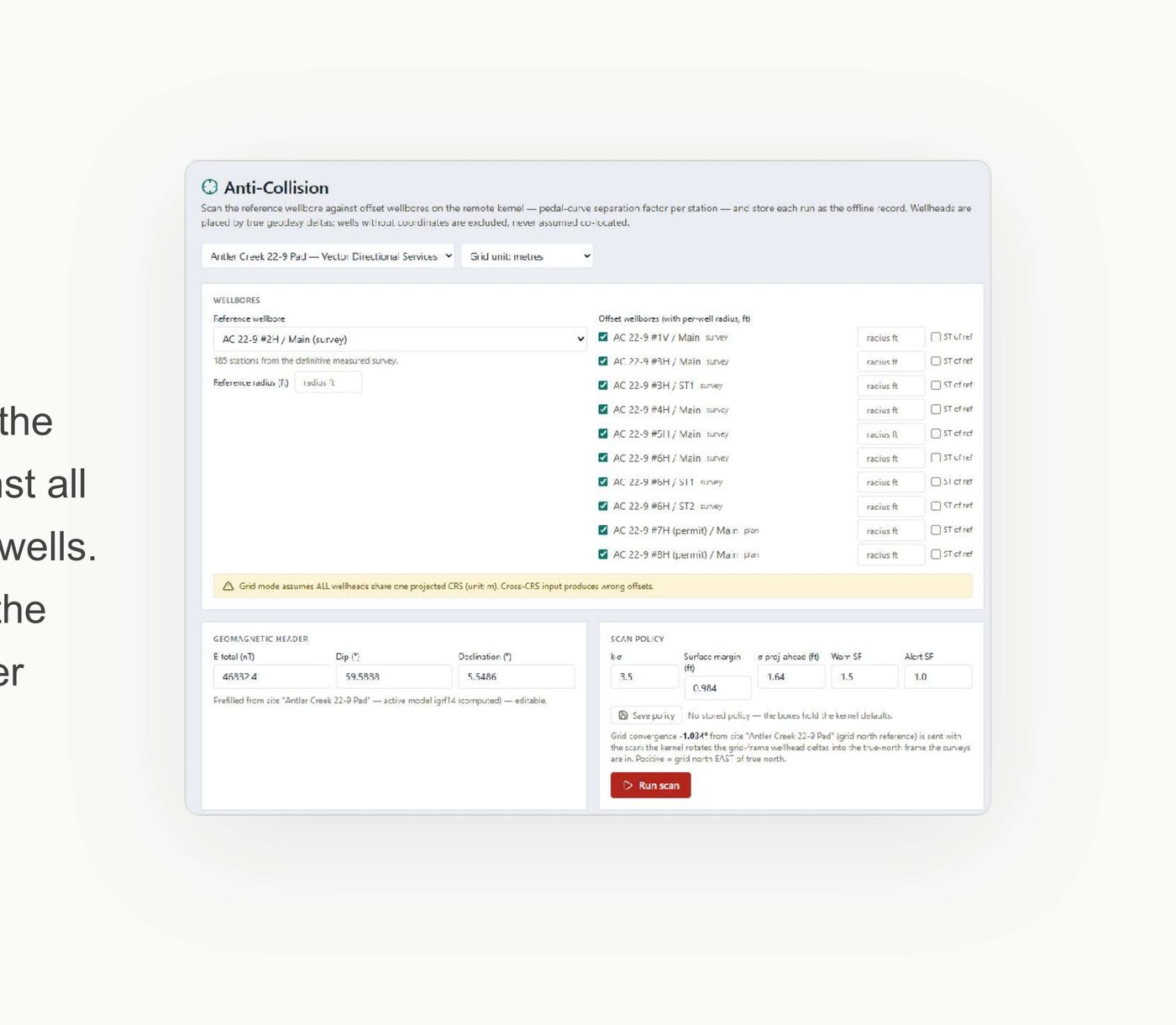 Anti-collision scanning results with separation factors listed per station