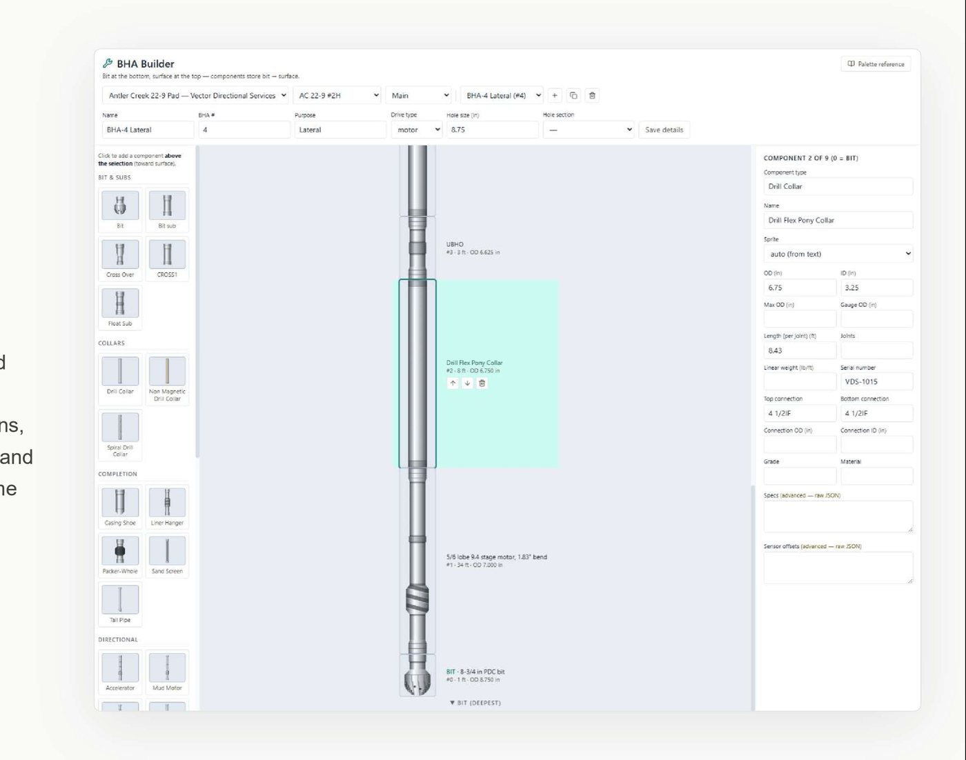 The BHA builder, with components listed and the assembly drawn alongside