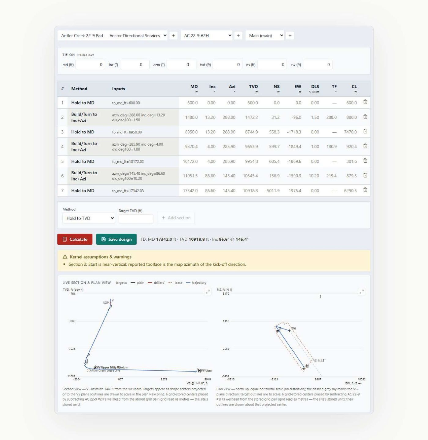 The trajectory planner with a sequence of sections and the resulting plan and section views