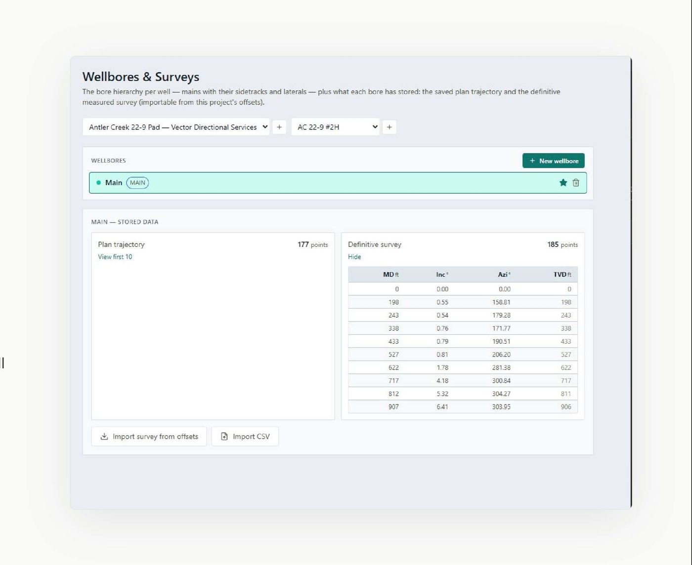 The wellbores and surveys page with plan trajectory and definitive survey