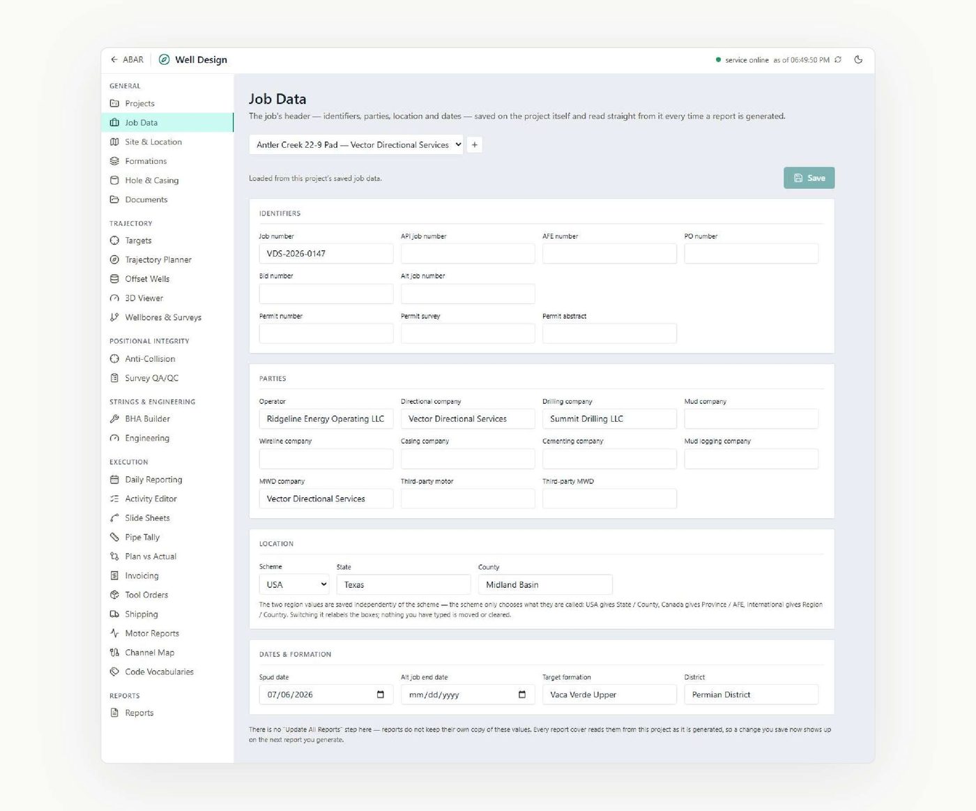 The Well Design project workspace showing job data, parties, location and dates