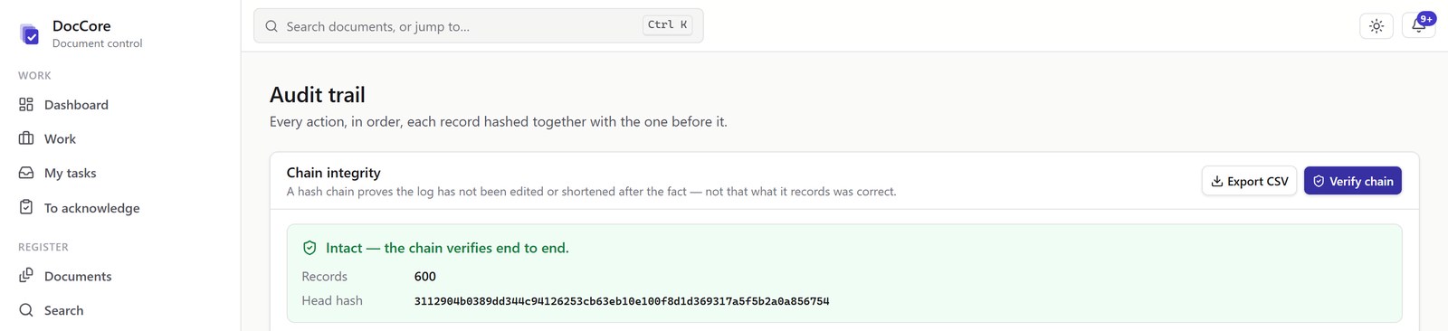The audit trail verified, with its record count and head hash