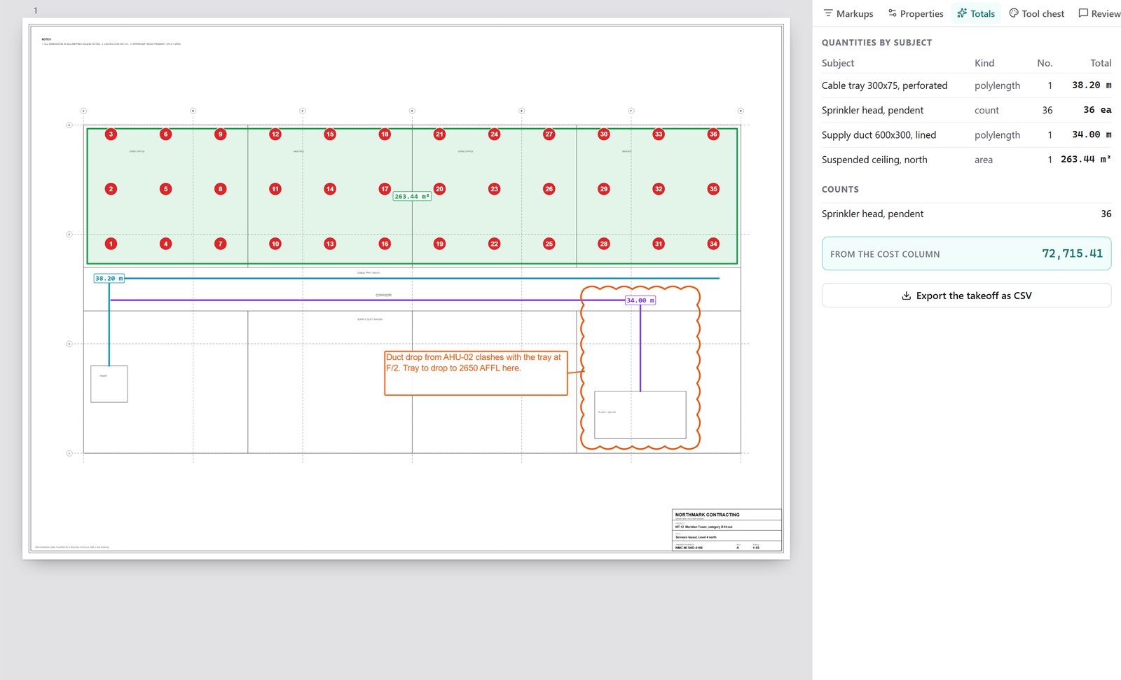 A services layout in MarkCore with cable tray, duct, ceiling area and sprinkler heads measured and priced