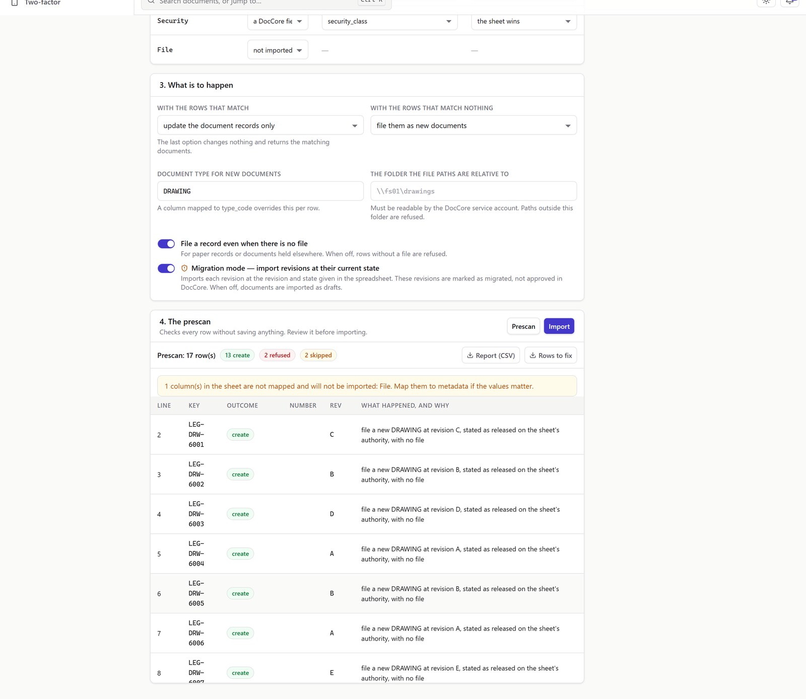 The import preview, showing what would be created, refused or skipped for each row