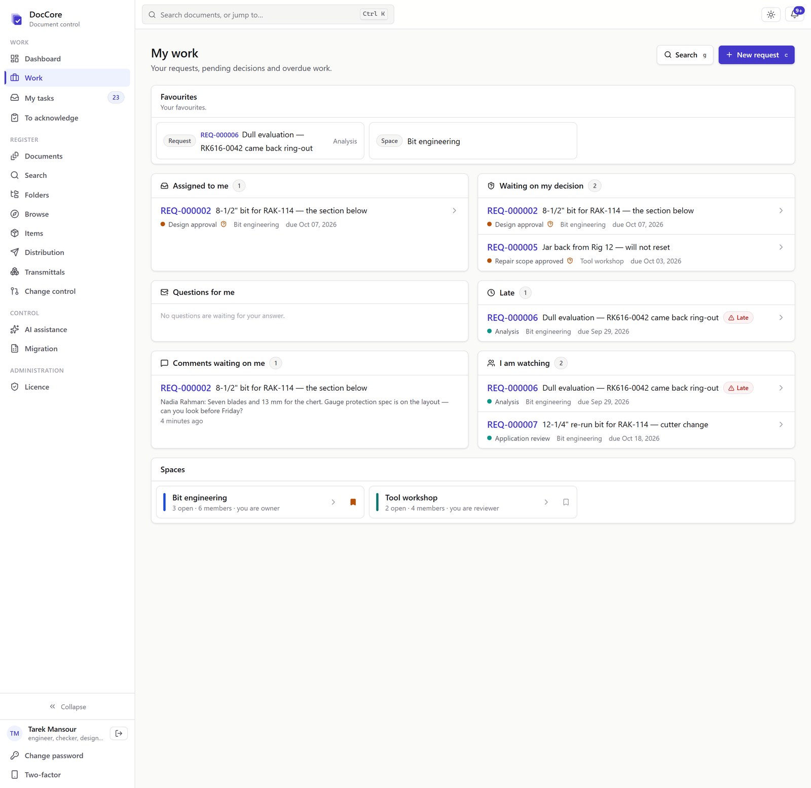 A design lead's work list, showing what is assigned, what is waiting and what is late