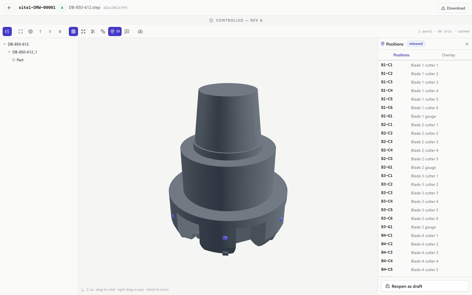 A released 3D model of a drill bit with its thirty-nine named positions listed