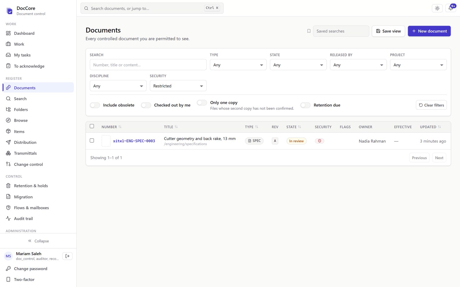 The register filtered to restricted documents, as seen by a user with clearance