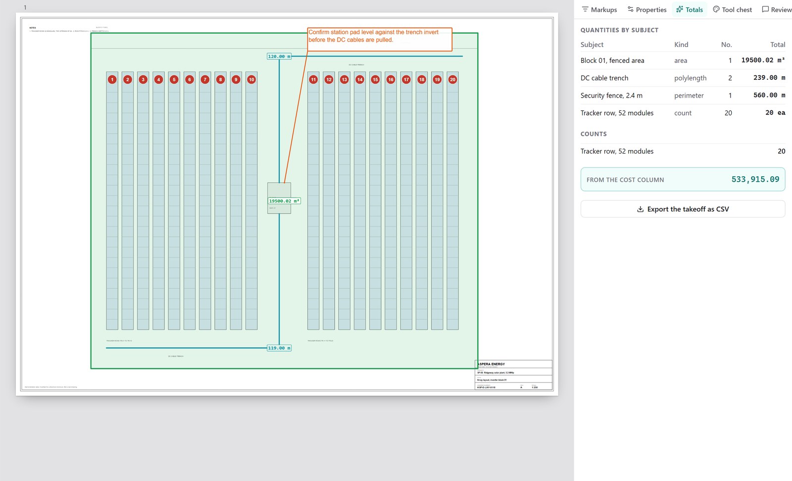 An array layout in MarkCore with trench, fence, fenced area and tracker rows measured and priced