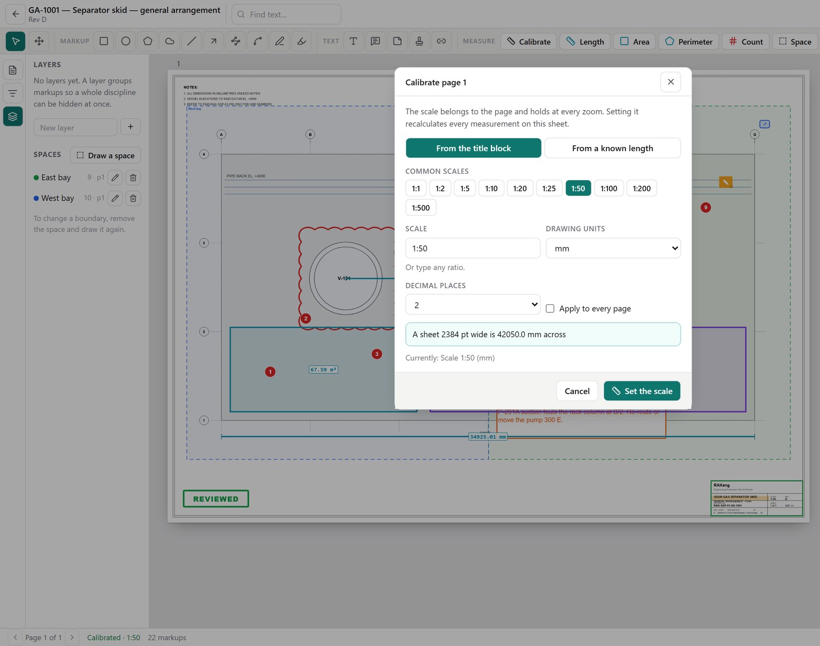 The calibration dialog with common scales, the drawing units and the resulting sheet width