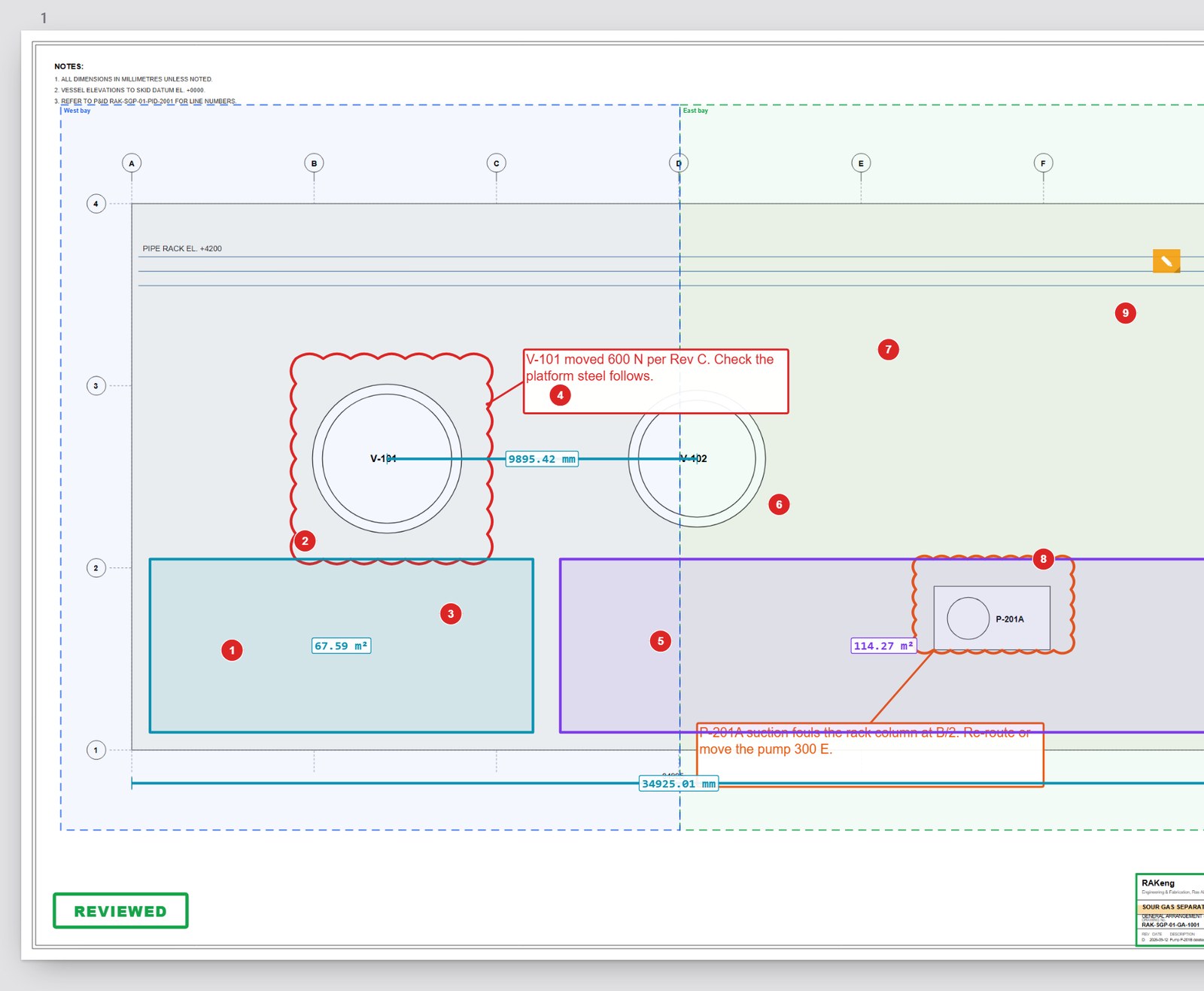 A general arrangement drawing under review, with clouds, callouts and measured lengths and areas