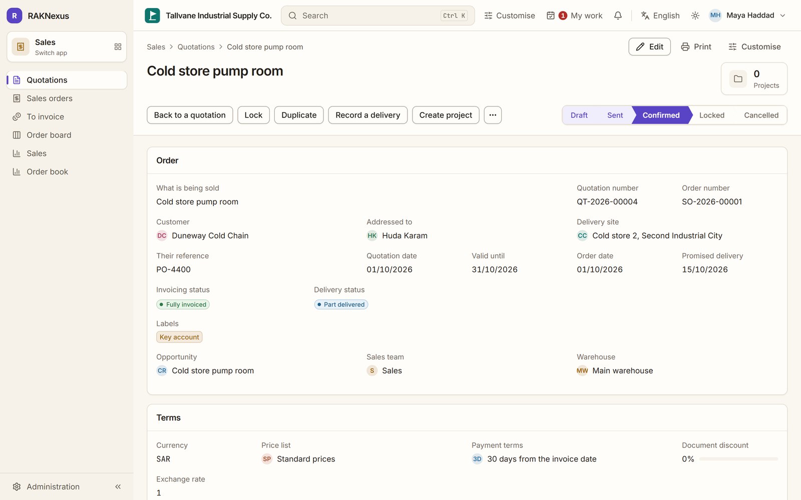A confirmed sales order with customer, terms and lines
