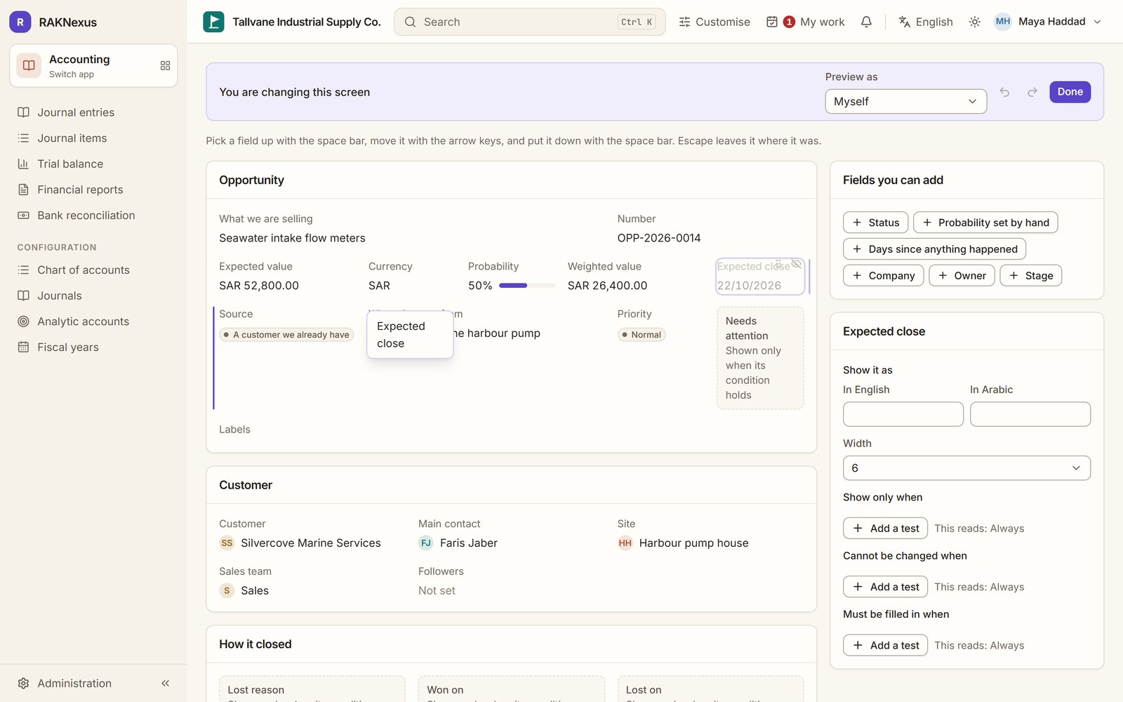 The design studio changing the fields on an opportunity screen