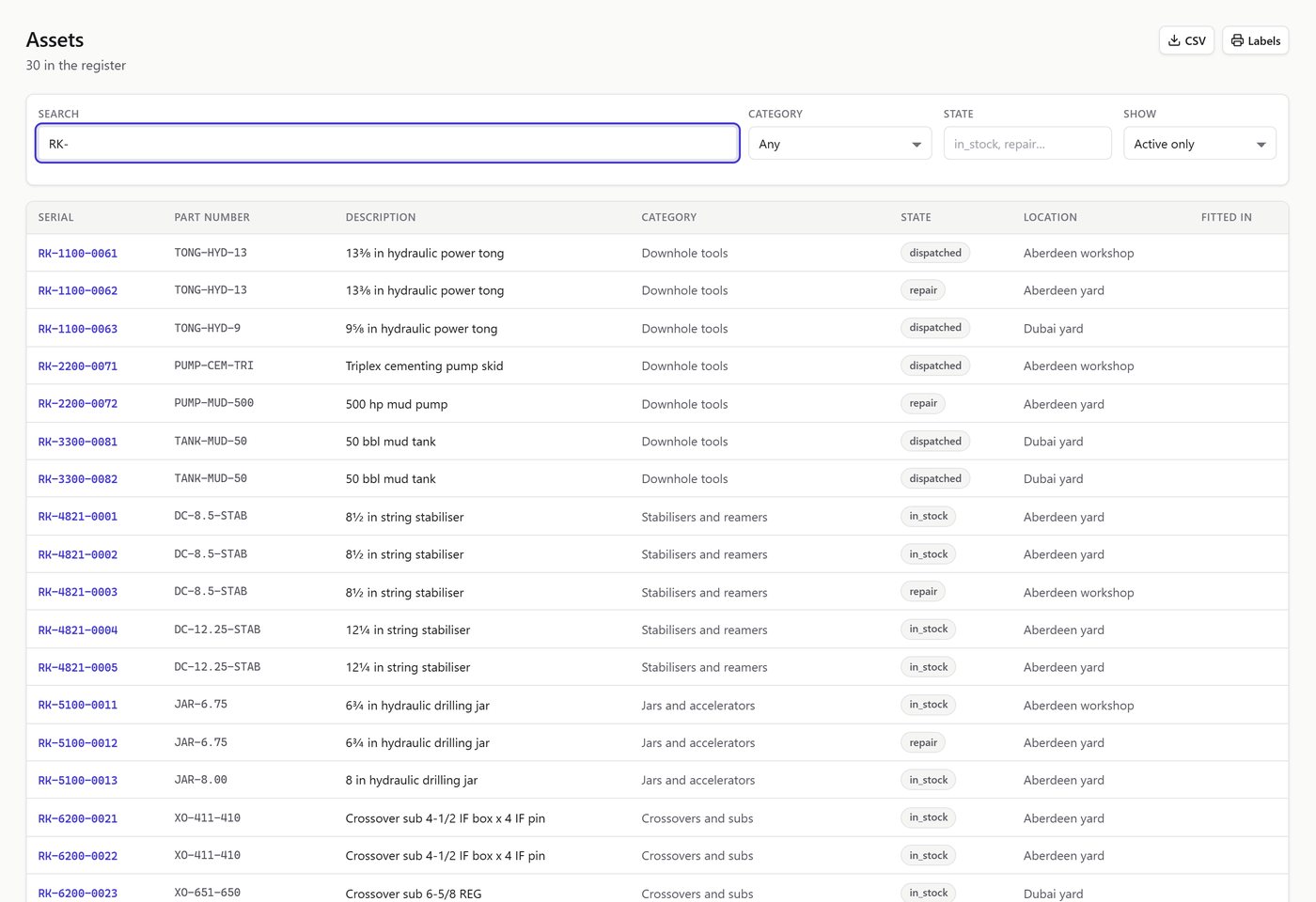 The asset register listing power tongs, pumps, stabilisers and jars with their state and location