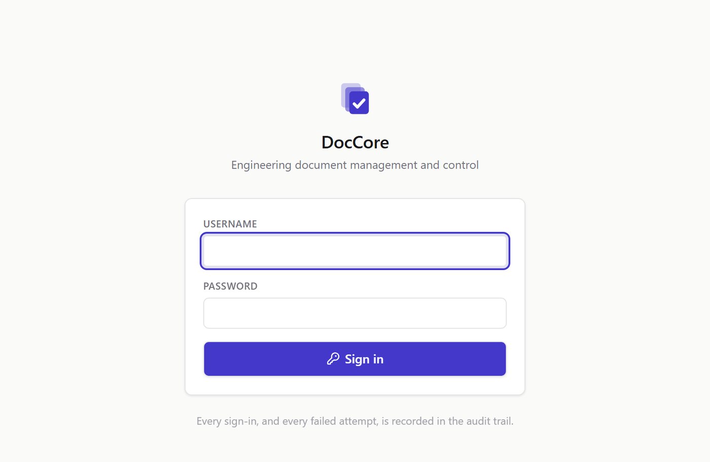 The DocCore sign-in screen, noting that every sign-in and every failed attempt is recorded