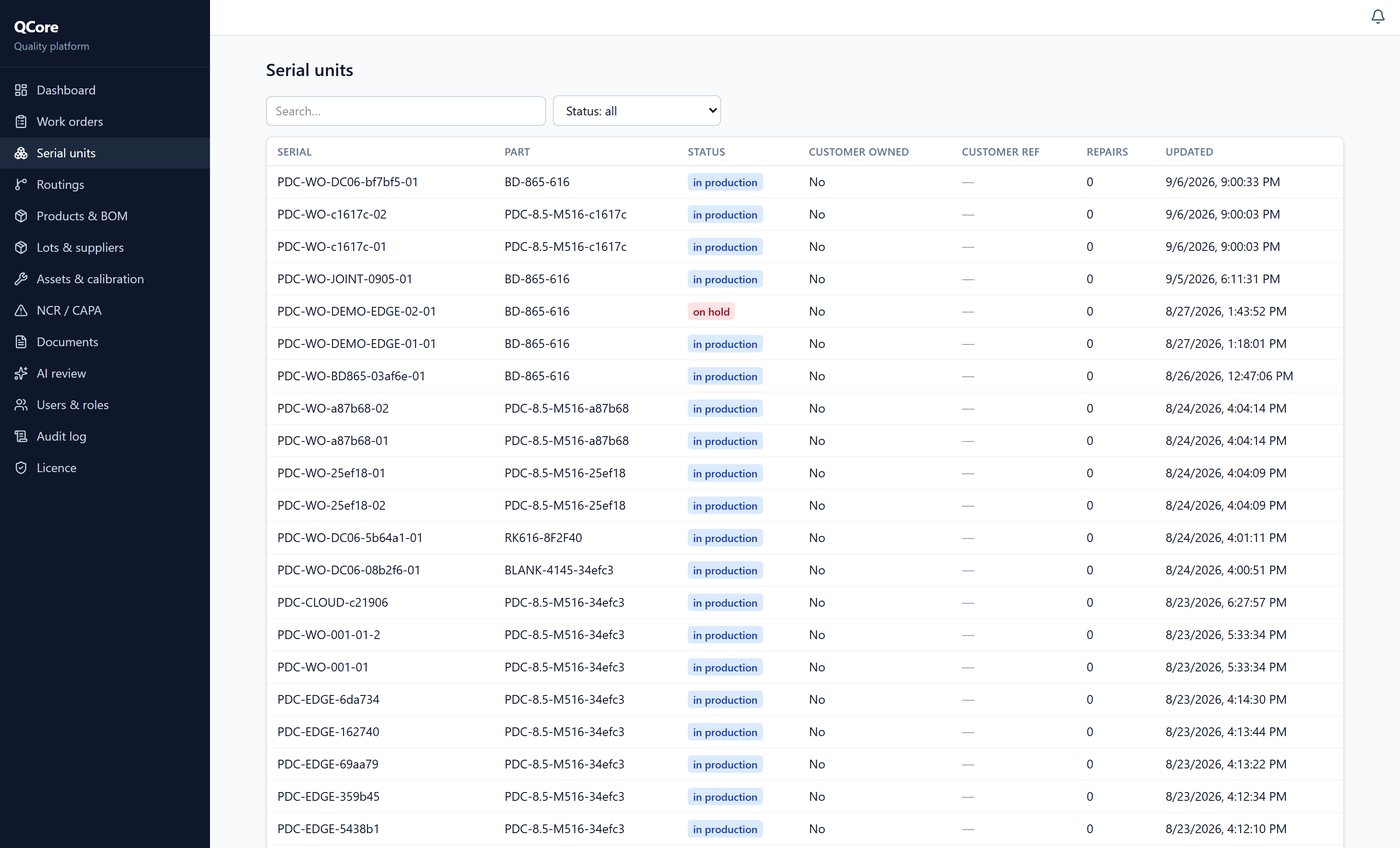 The serial unit register listing units with their part number and status