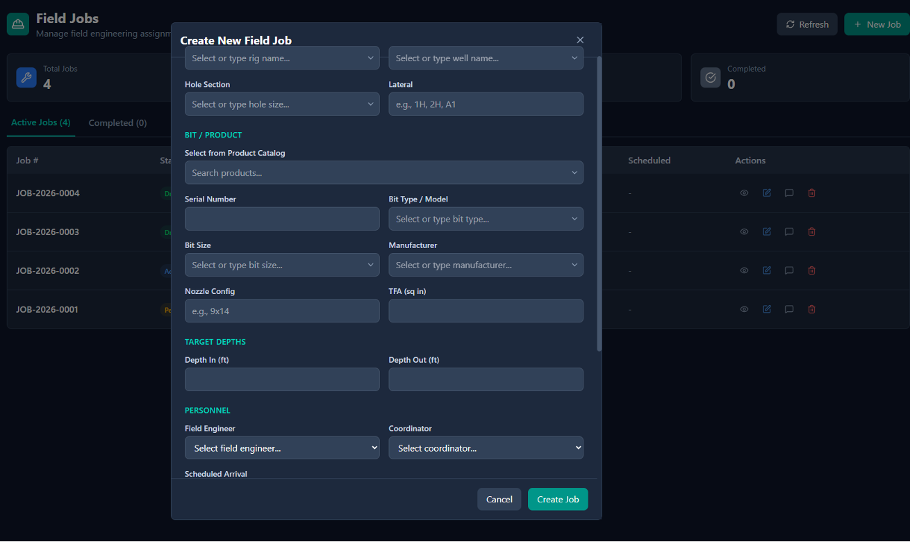 Field jobs: create assignments (rig, well, bit, depths, people)