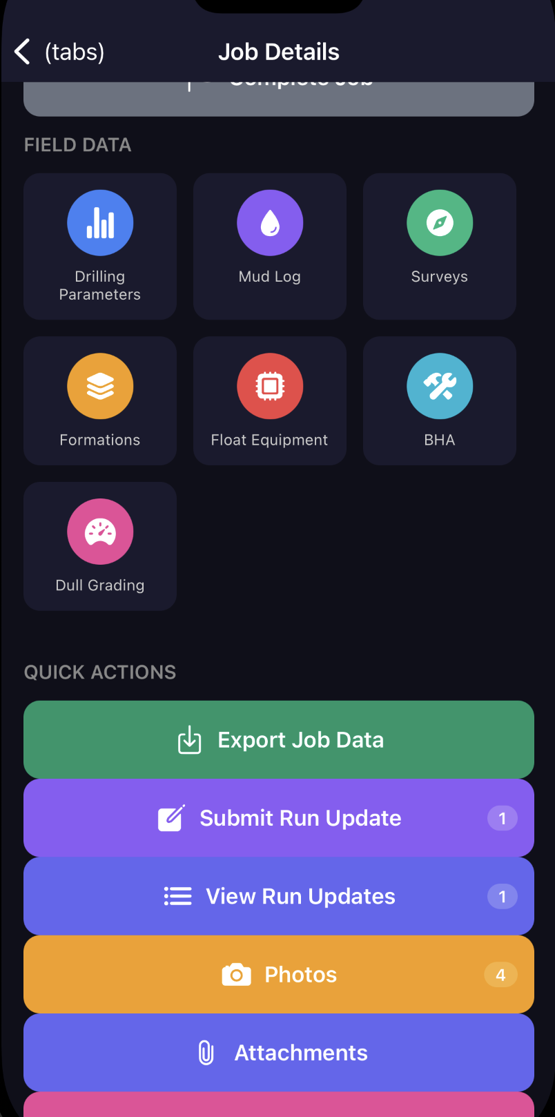 Job board: open parameters, BHA, surveys, and dulls