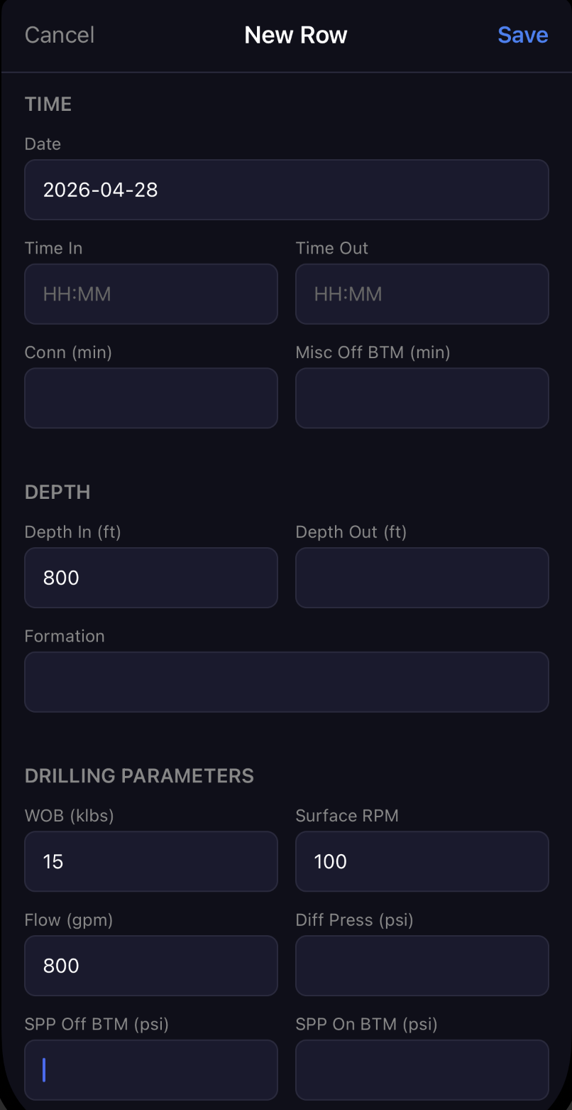 New Row: time, depth & drilling parameters on site